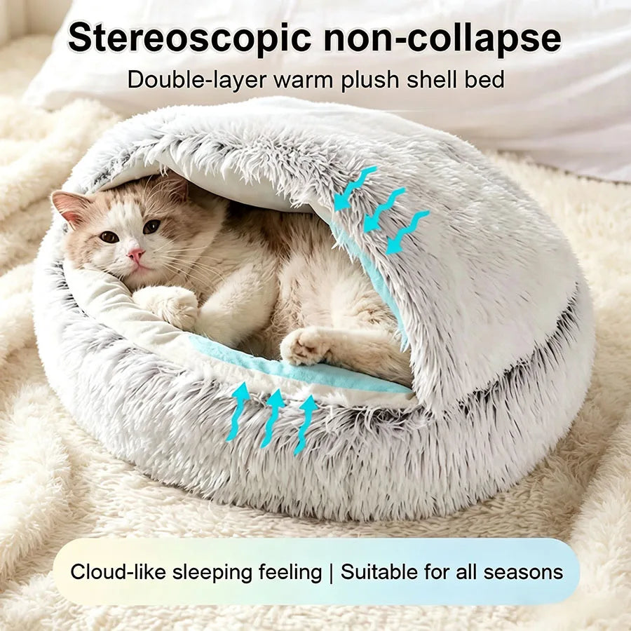Shell-Shaped 2-in-1 Pet Bed | Semi-Enclosed Cat Nest | Plush | 3 Sizes
