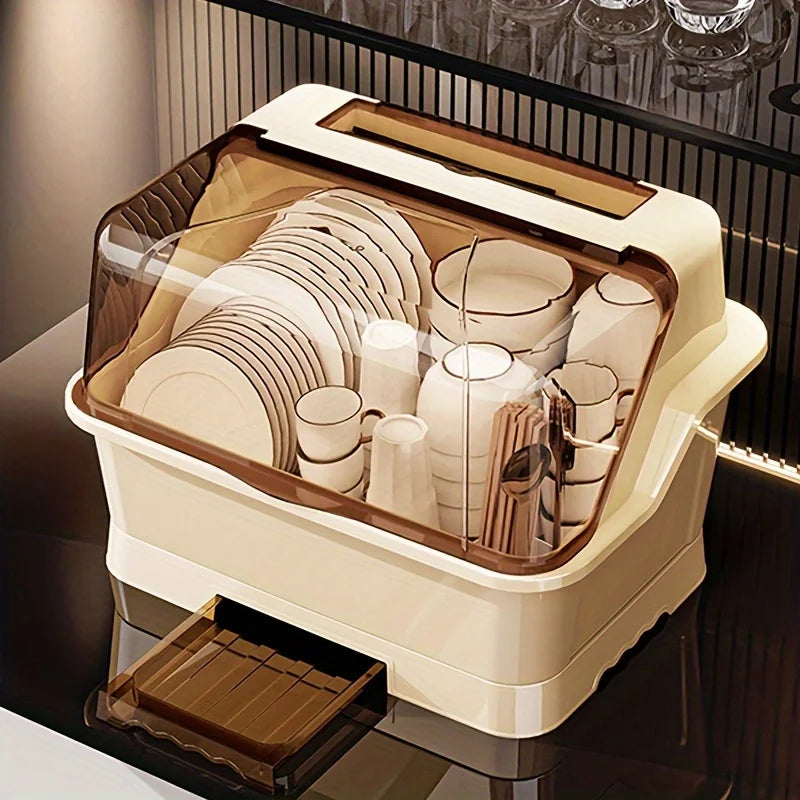 Dish Rack with Lid – Dust-Proof Countertop Organiser with Drainboard