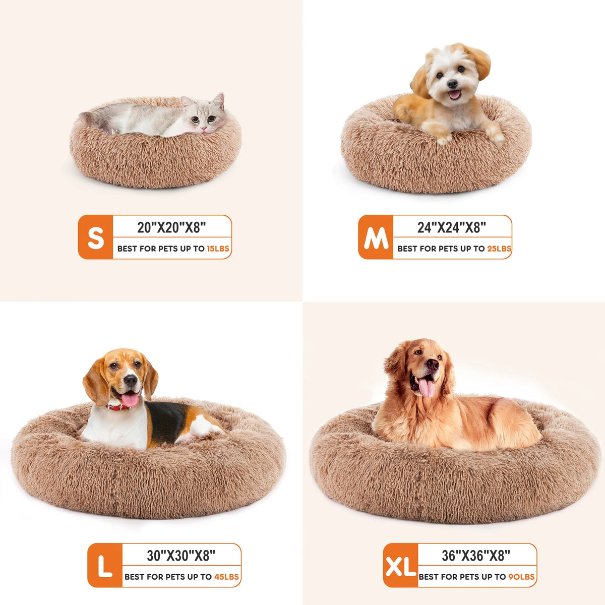 Round Coral Fleece Calming Dog Bed | Machine Washable | Non-Slip | 4 Sizes | Gray & Brown