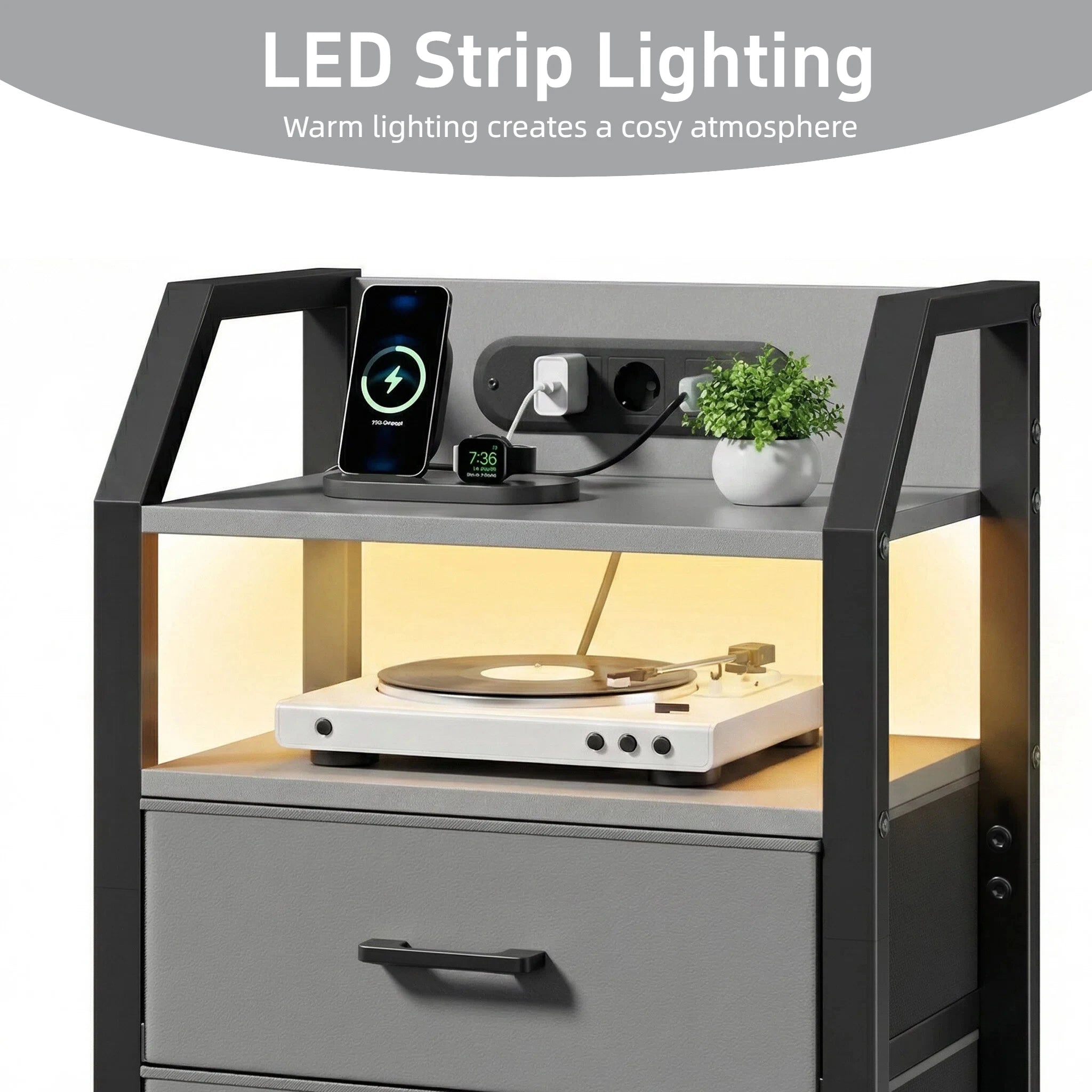 3-Tier Bedside Table with Charging Station, LED Light & Drawers – White, Black, Brown or Grey