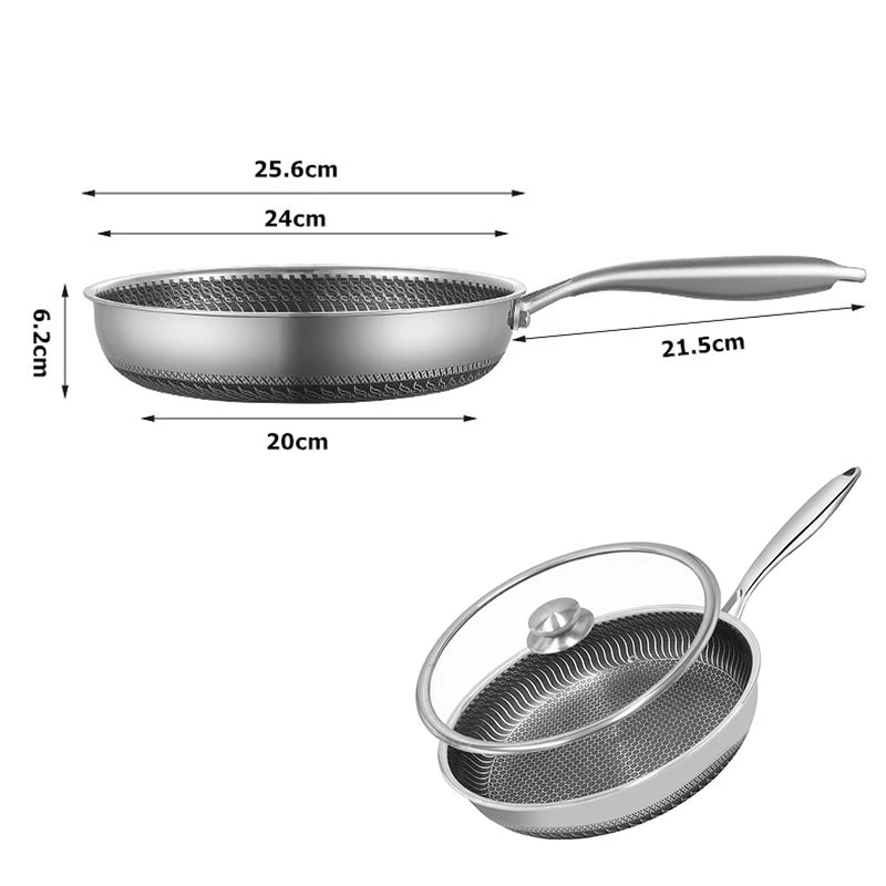 Stainless Steel Honeycomb Non-Stick Frying Pan with Glass Lid – All Cooktop Compatible