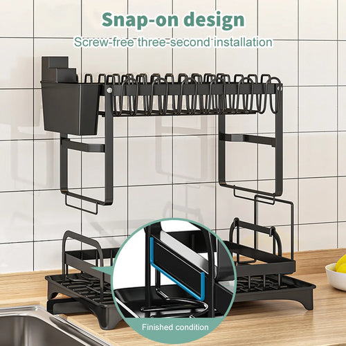 2-Tier Dish Drying Rack with Drainage Spout, Cutlery & Cup Holder