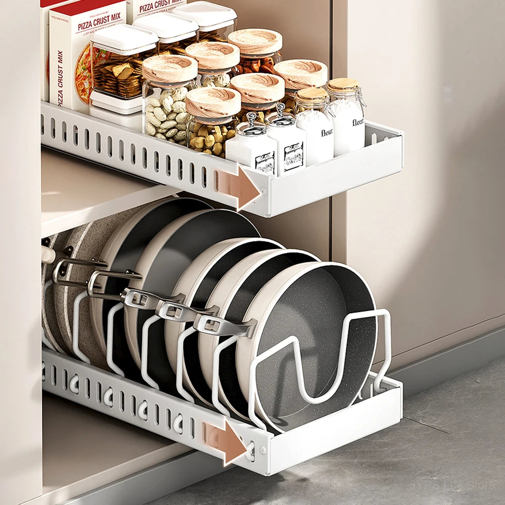 Pull-Out Pot and Pan Organiser with Sliding Rails – 8 Adjustable Compartments