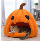 Pumpkin Cat Cave | Semi-Enclosed Pet Bed | Removable Cushion | Plush | Orange