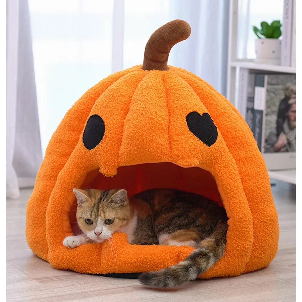 Pumpkin Cat Cave | Semi-Enclosed Pet Bed | Removable Cushion | Plush | Orange