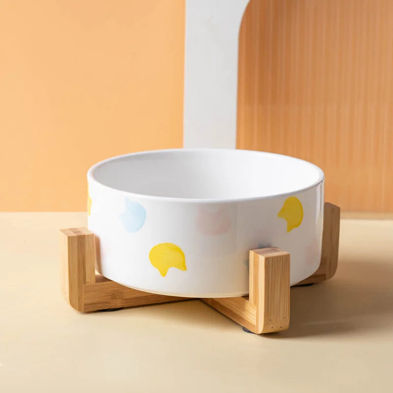 Ceramic Dog & Cat Bowl with Wooden Mat | Wide Mouth | 18 Styles