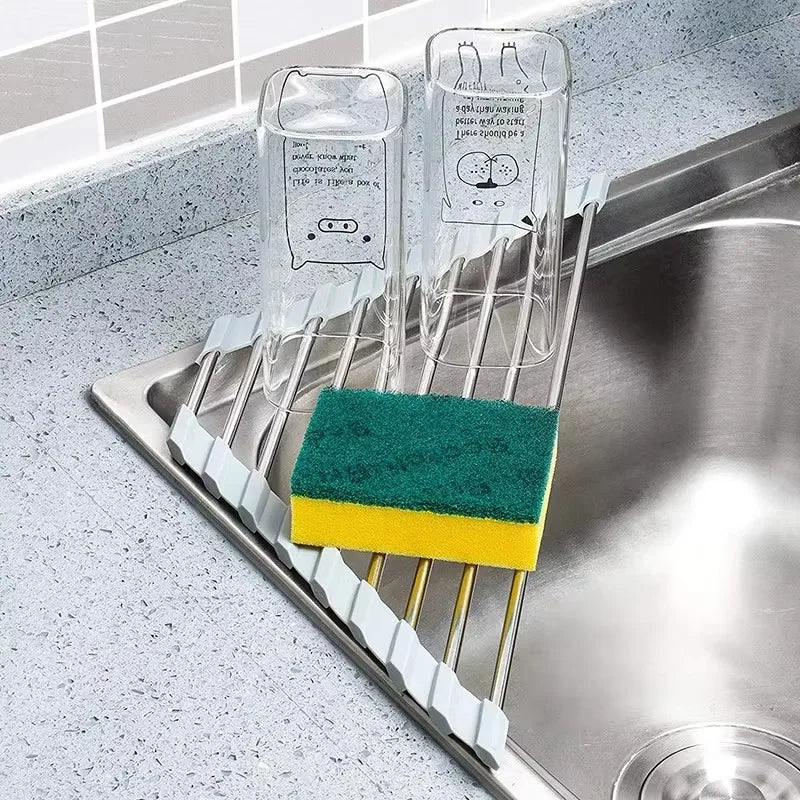 Roll-Up Triangle Dish Drying Rack – Foldable Corner Sink Organiser with Silicone Edges
