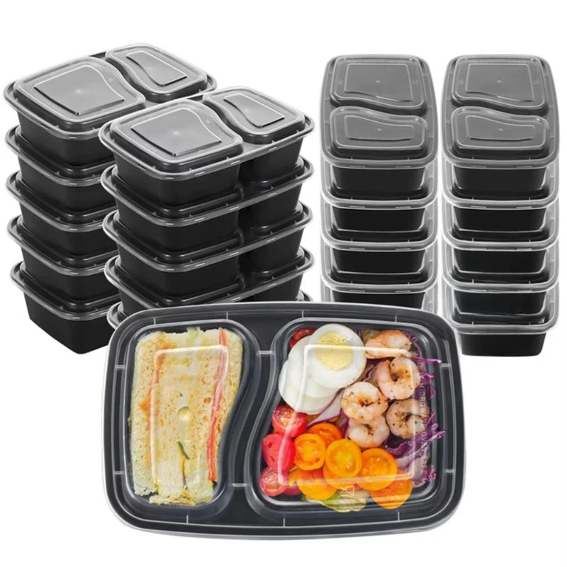 Black Two-Compartment Food Box Set – Square Lunch & Fruit Container for Picnic & Fast Food, 5 or 10 Pack