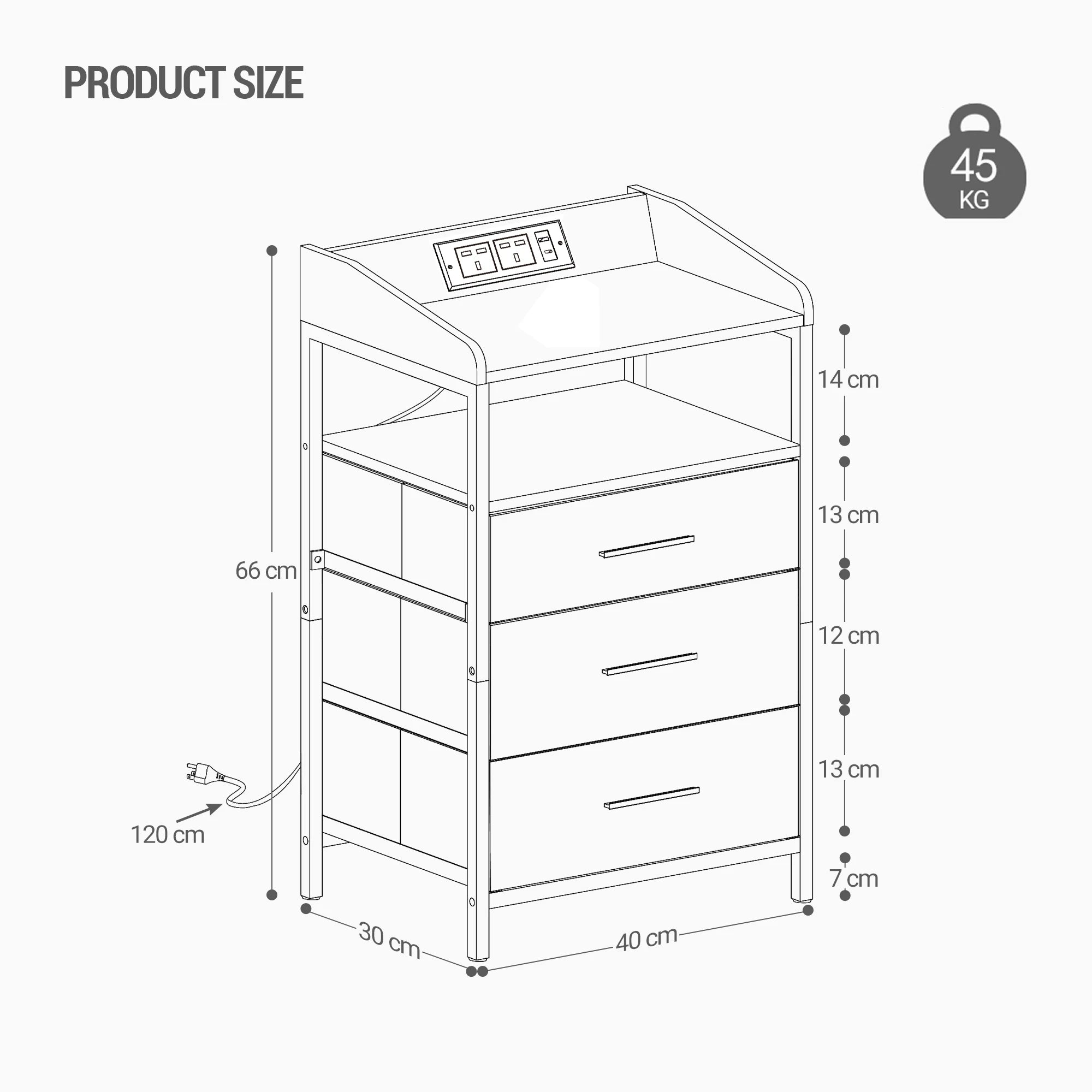 Bedside Table with LED Lights, Charging Station & 3 Fabric Drawers – Black, White or Rustic Brown