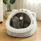 Animal Ear Cave Cat Bed | Plush | High-Resilience Core | Detachable Washable Cushion | Pompom Toy | 3 Sizes
