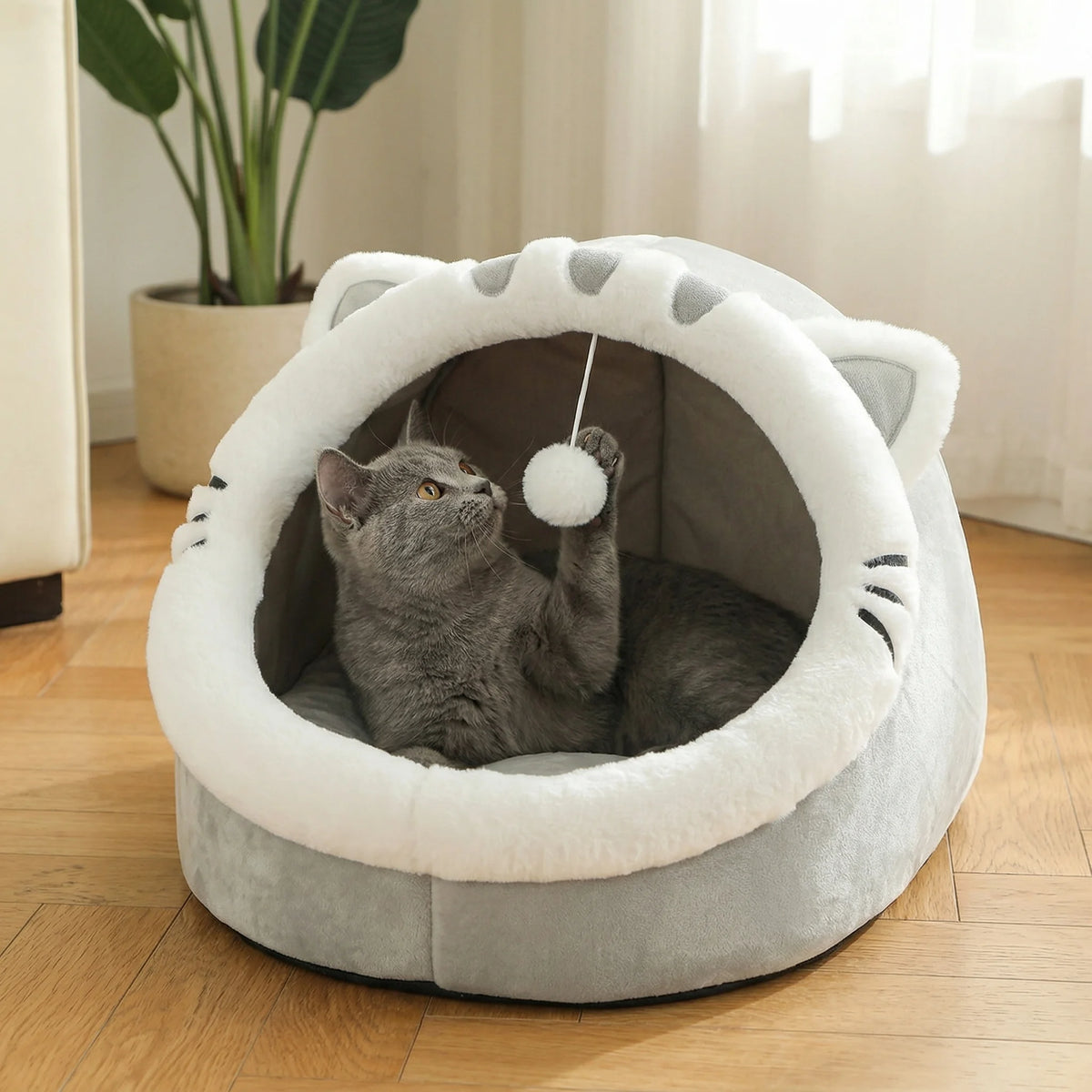 Animal Ear Cave Cat Bed | Plush | High-Resilience Core | Detachable Washable Cushion | Pompom Toy | 3 Sizes