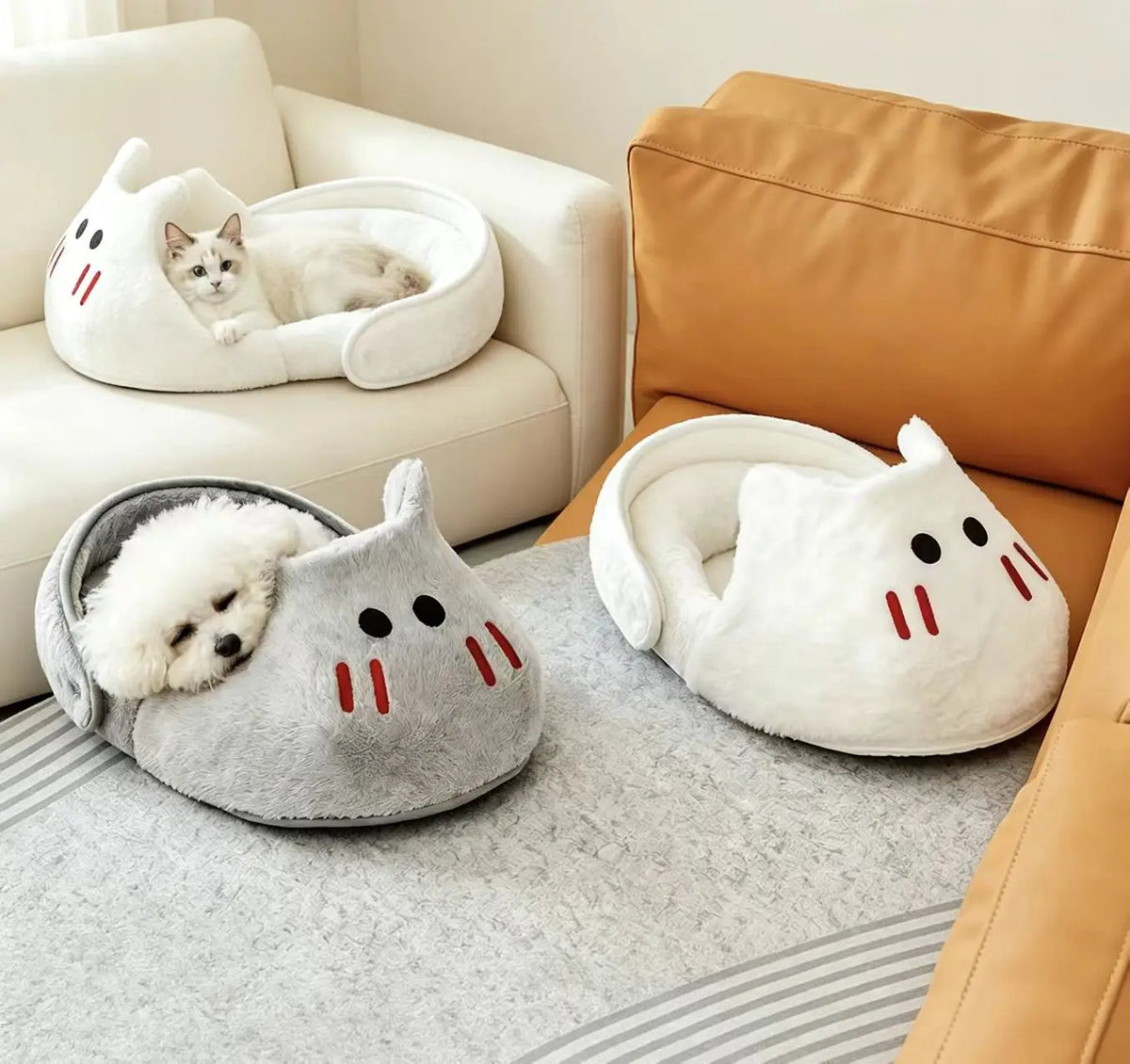 Semi-Enclosed Slipper Cat Bed | Fluffy Plush | Warm Sleeping Cave | 2 Sizes