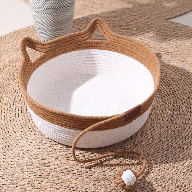 Handwoven Cotton Rope Cat Basket | Cat Ear Handles | Ball Toy Included | 3 Sizes