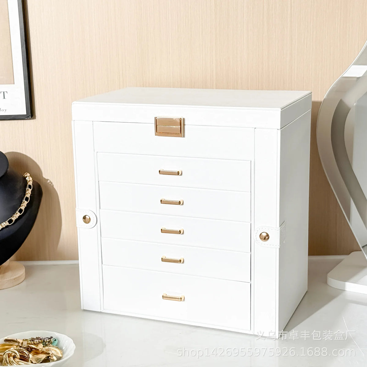 Multi-Layer Faux Leather Jewellery Box with Mirror – 2, 3 or 6 Layers, 4 Colours