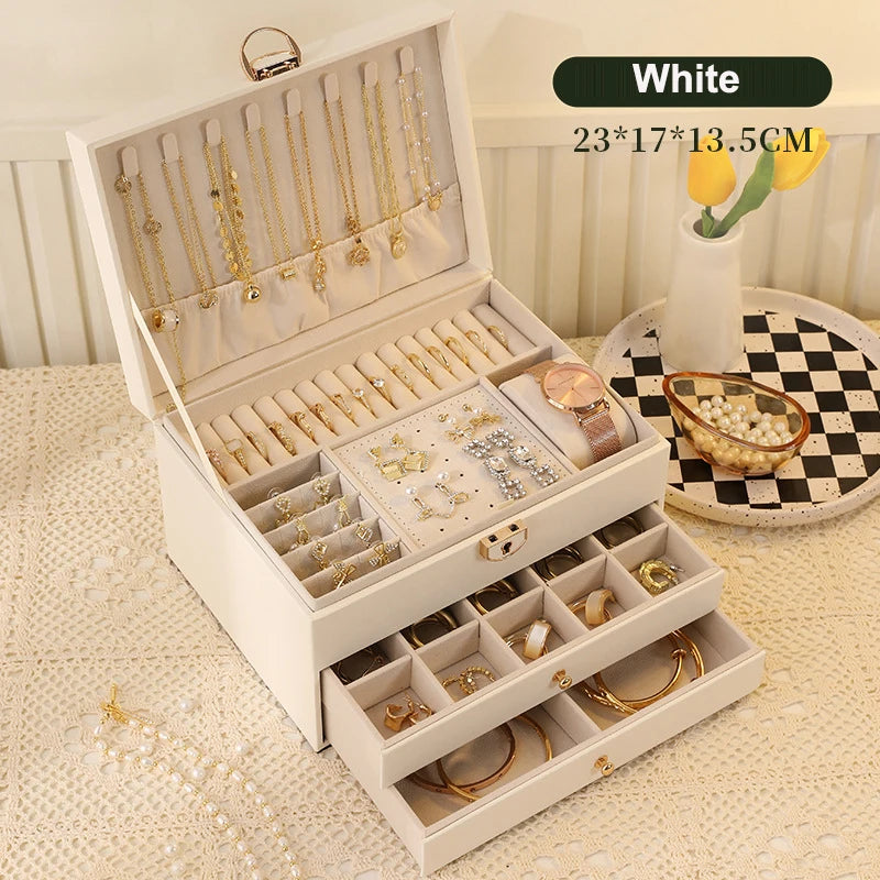 Multi-Layer Faux Leather Jewellery Box with Mirror – 2, 3 or 6 Layers, 4 Colours