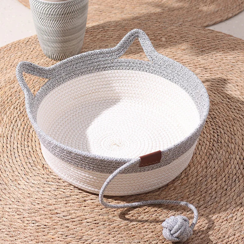 Handwoven Cotton Rope Cat Basket | Cat Ear Handles | Ball Toy Included | 3 Sizes