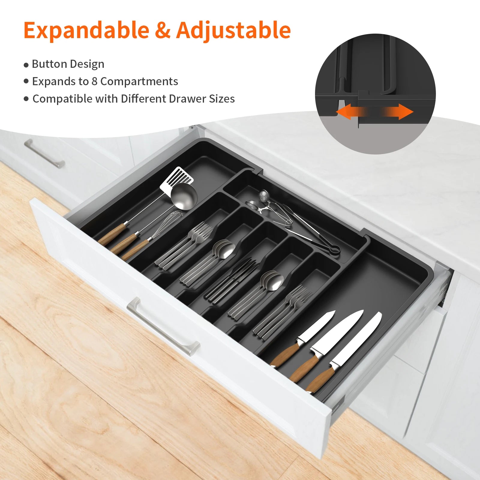 Expandable Cutlery Drawer Organizer with 8 Compartments – Adjustable 13–22 in