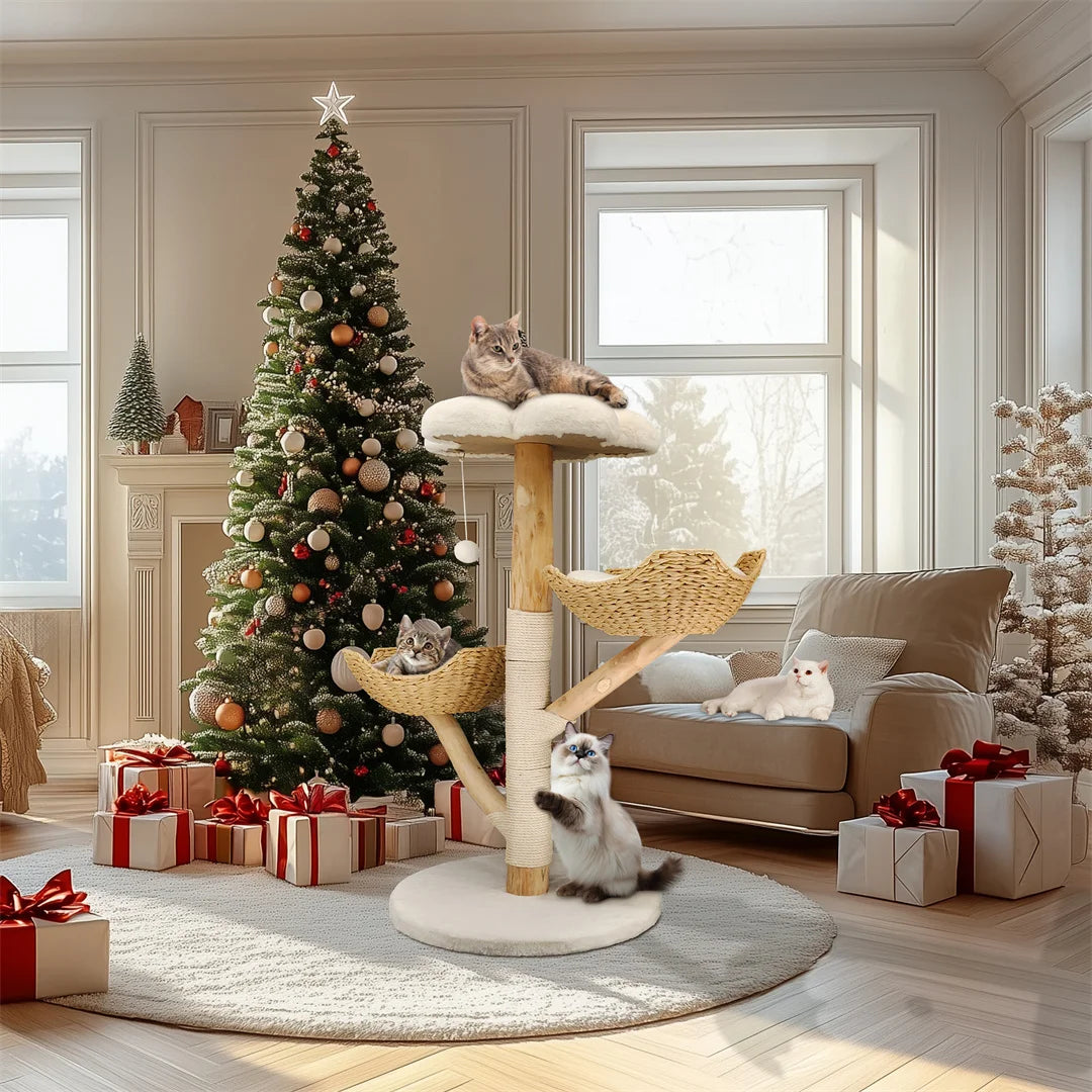 Three-Tier Cat Tree Tower | Natural Willow Wood | Sisal Scratching Post | Beige