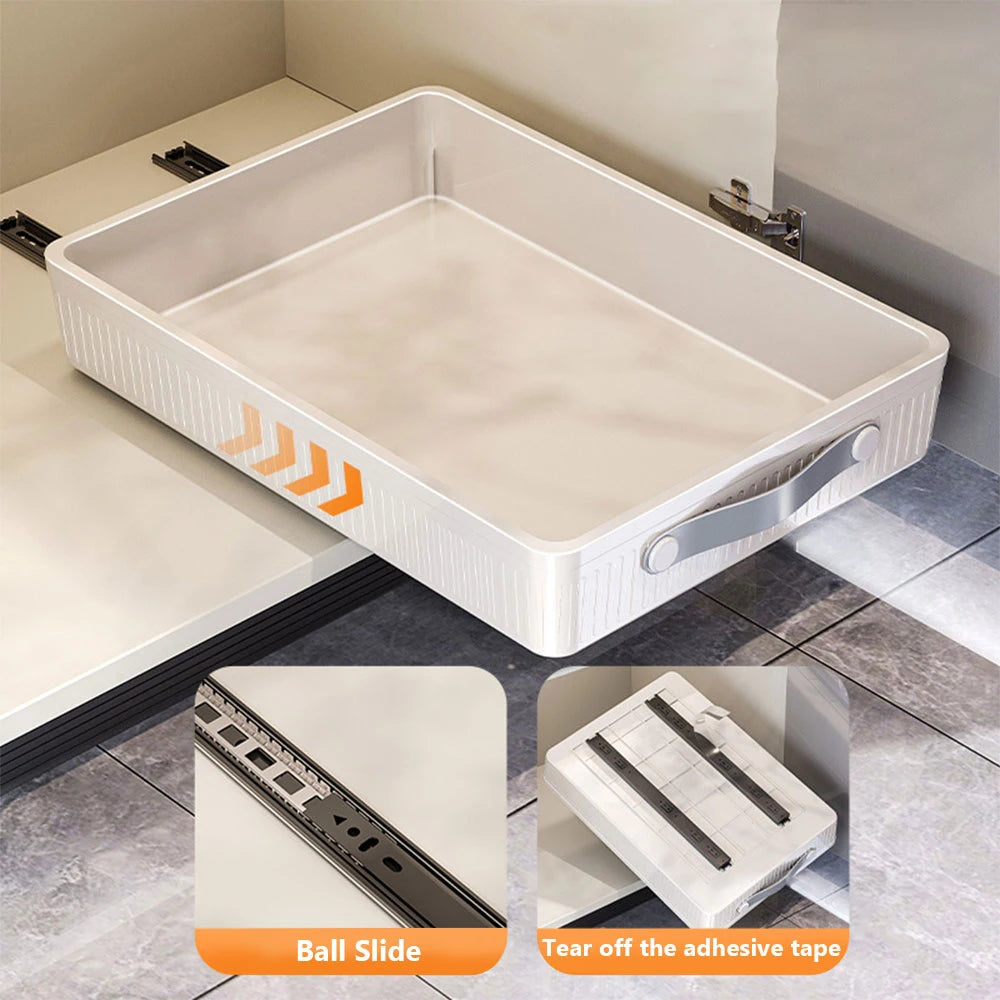 Pull-Out Cabinet Storage Tray with Slide Rails – Kitchen Sliding Drawer Organiser, M or L