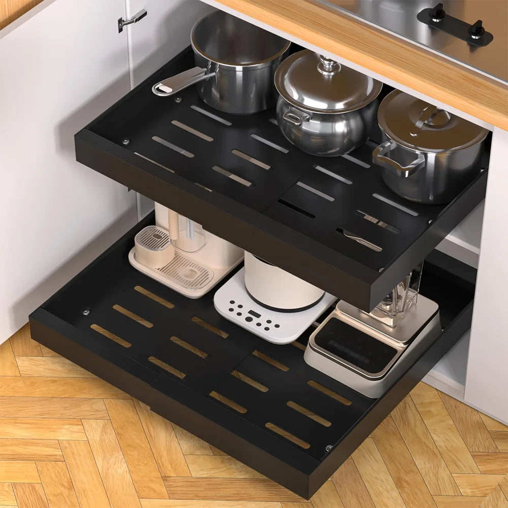 2-Pack Scalable Pull-Out Kitchen Storage Rack – Extendable Carbon Steel Drawer Organiser, Black or White