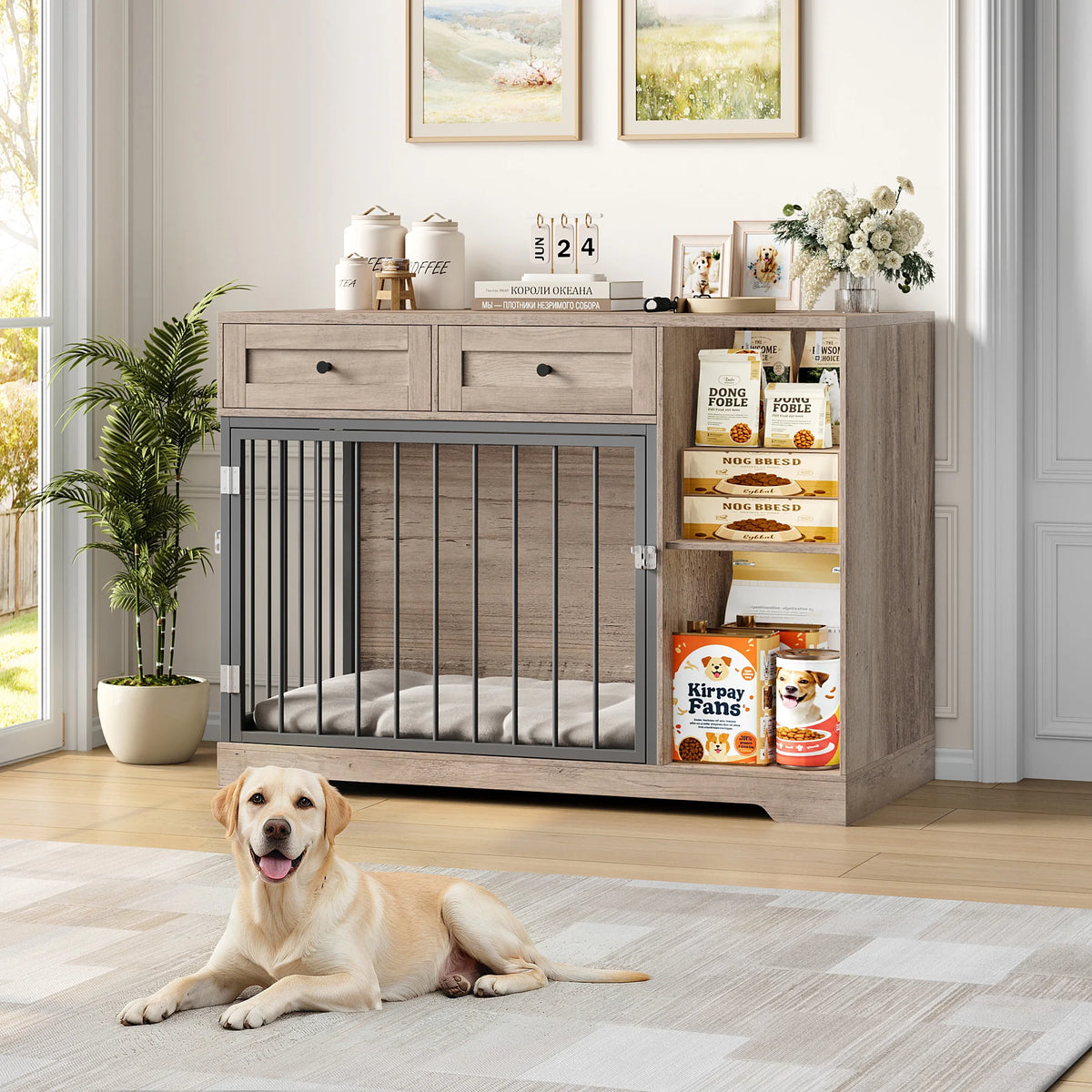 Wooden Dog Crate Furniture Cabinet – 120cm XXL Indoor Kennel with Drawers & Compartments