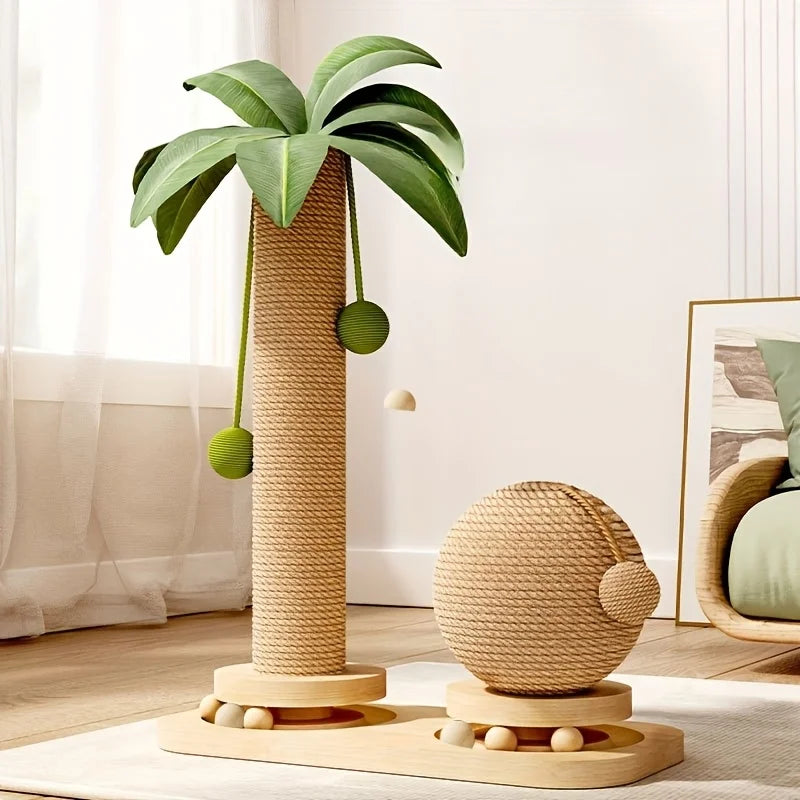 Coconut Tree Cat Scratching Post & Play Tower – 2-in-1 Sisal & Corrugated, Hanging Balls