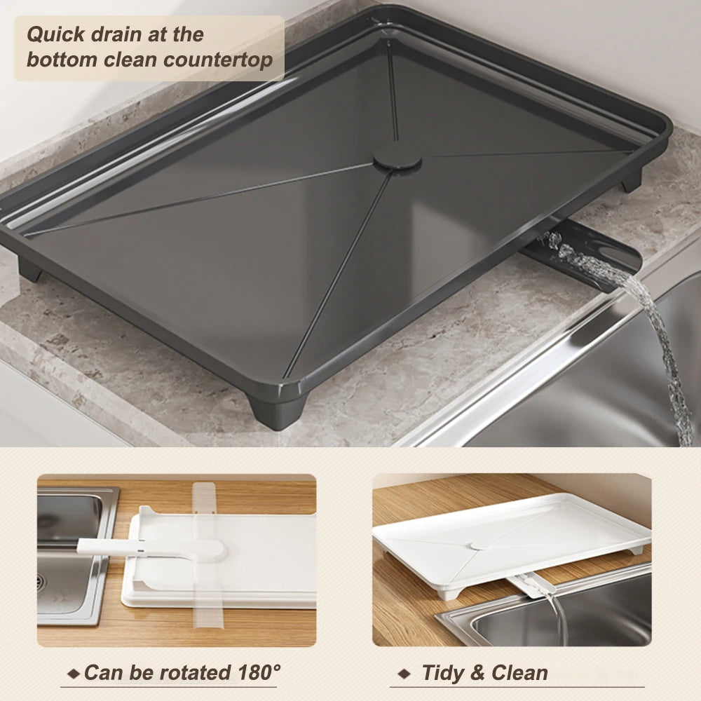 2-Tier Over-the-Sink Dish Drying Rack – Carbon Steel with Auto-Drain Board & Utensil Holder