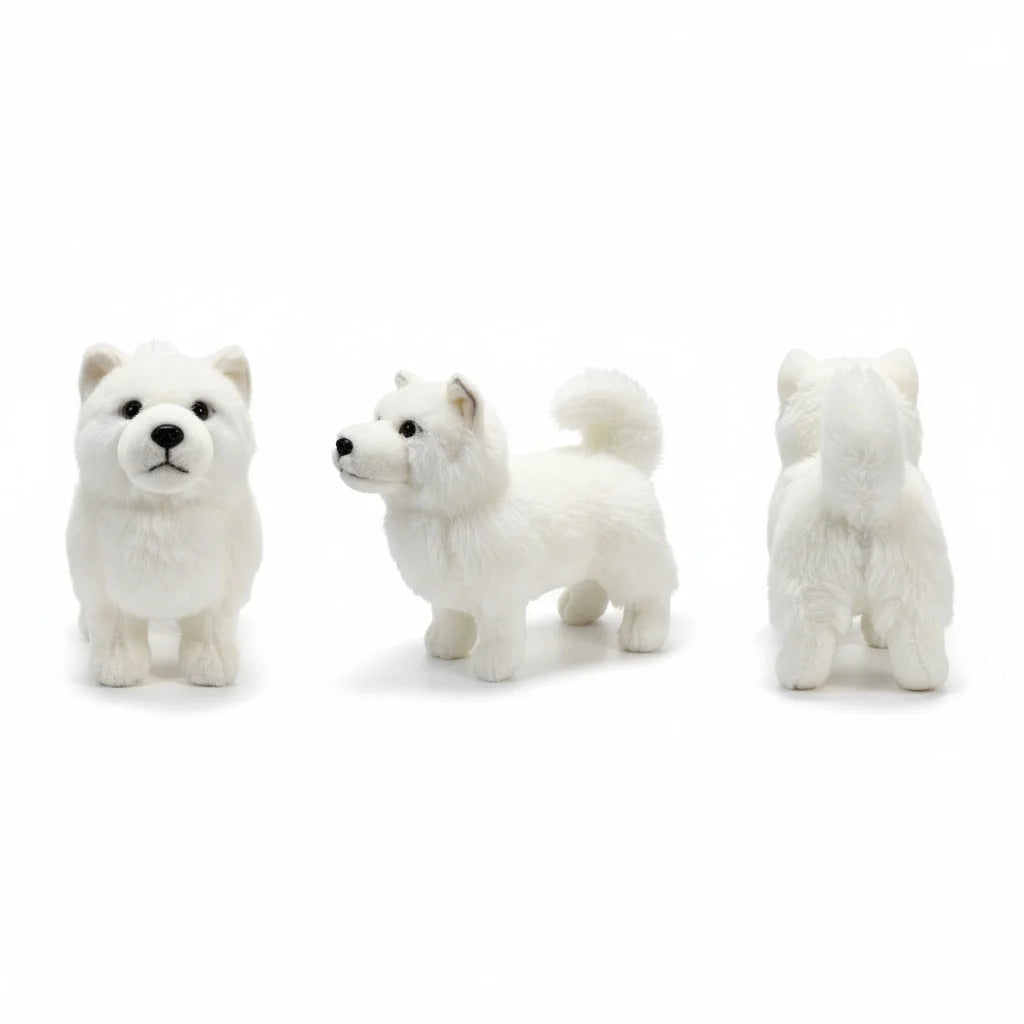 Lifelike Samoyed Plush Figurine | Simulation Short-Pile Coat | 4-Legged Standing Pose | Curled Tail | 30×20cm Desk Companion