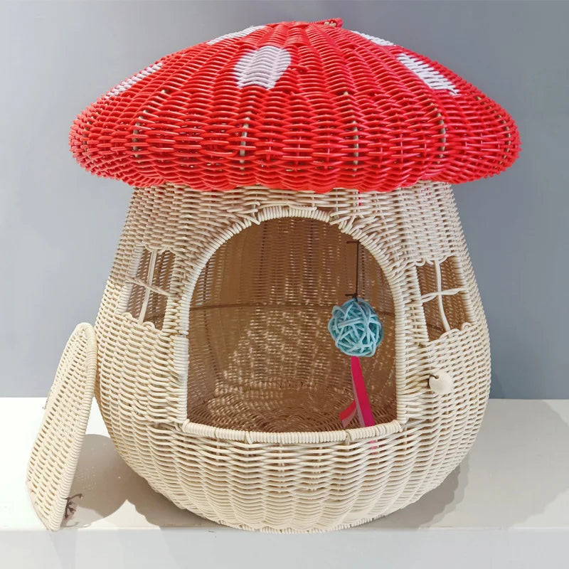 Mushroom Cat House – Rattan-Look Pet Hideaway