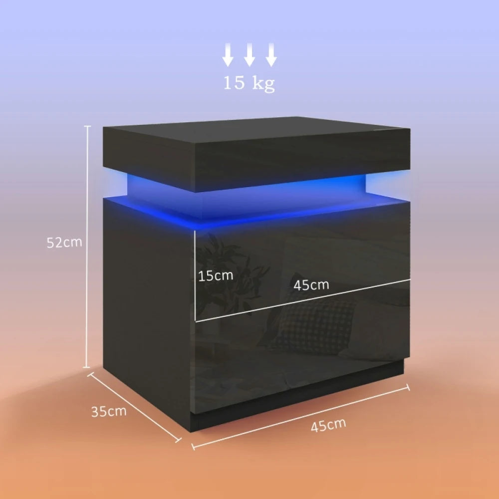 LED Lighted Nightstand with 2 Drawers – Black High Gloss Bedside Table