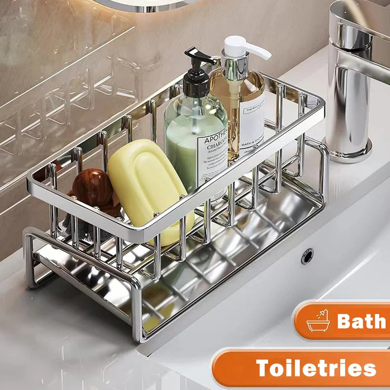 Stainless Steel Sink Caddy with Bar Basket – Sponge & Cleaning Tool Organiser