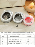 Animal Ear Cave Cat Bed | Plush | High-Resilience Core | Detachable Washable Cushion | Pompom Toy | 3 Sizes