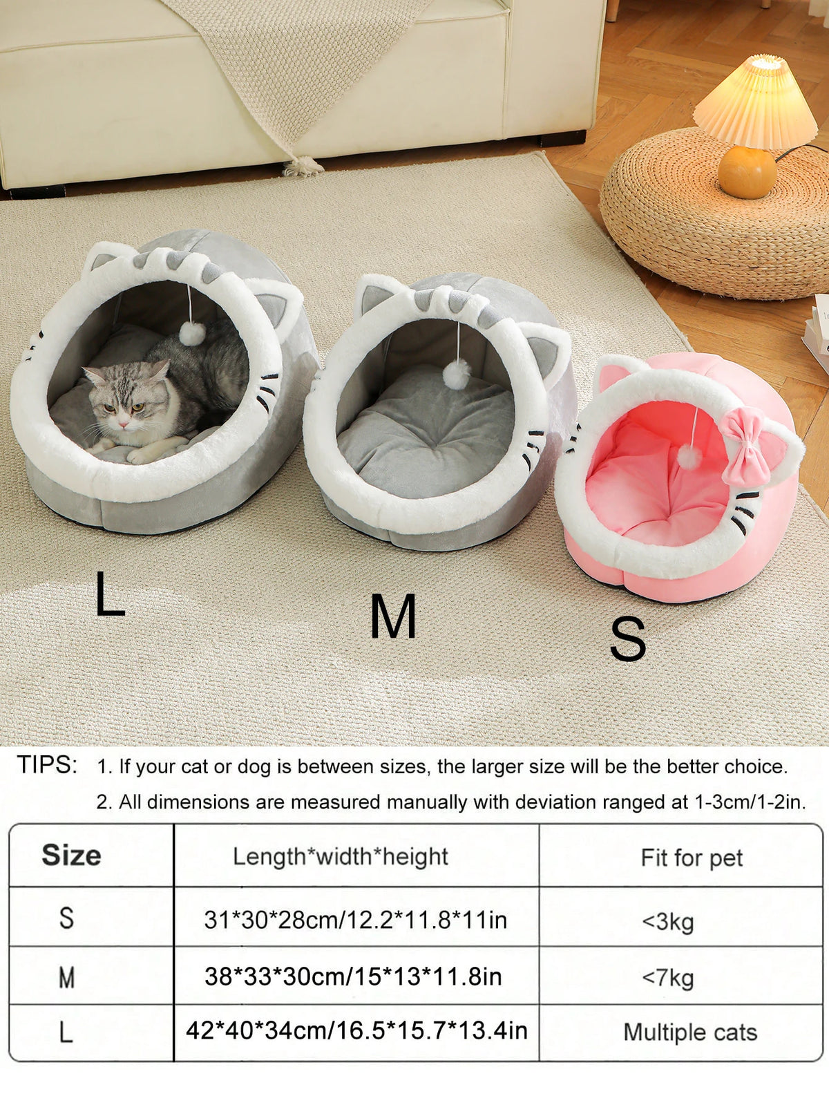 Animal Ear Cave Cat Bed | Plush | High-Resilience Core | Detachable Washable Cushion | Pompom Toy | 3 Sizes