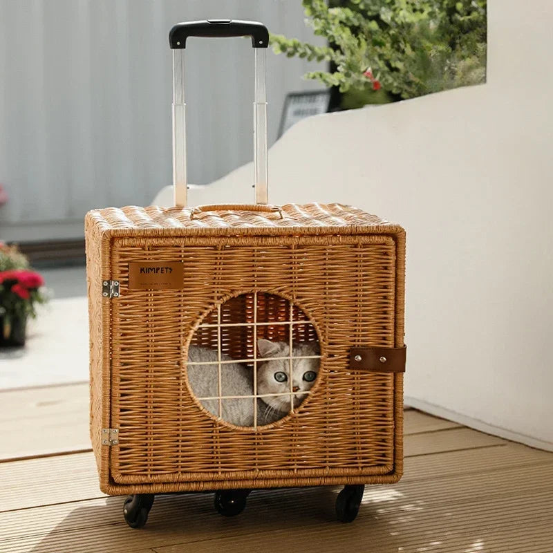 Handwoven Rattan Pet Trolley Carrier – Wheeled Tote Bag for Cats & Dogs, 2 Styles