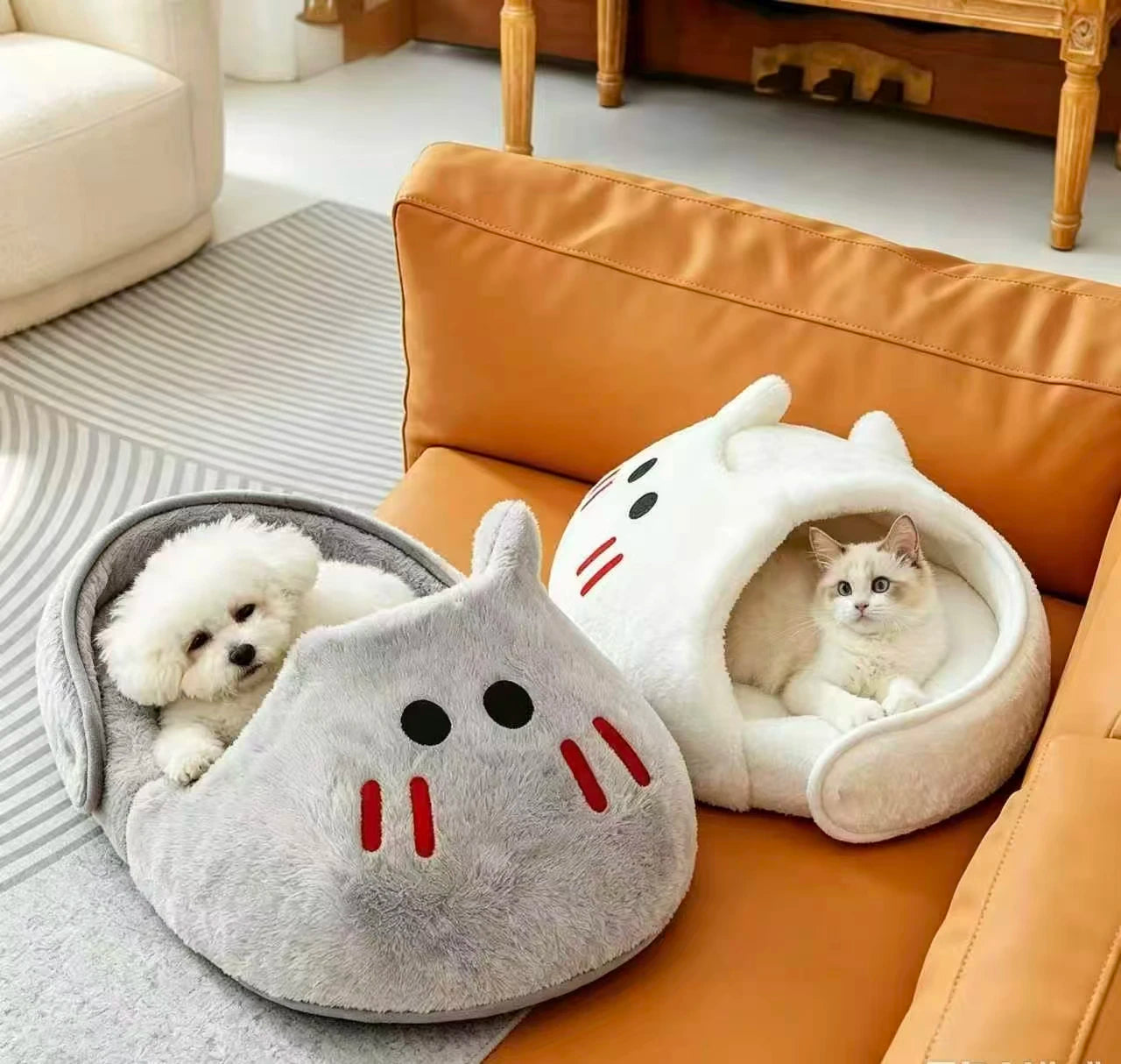 Semi-Enclosed Slipper Cat Bed | Fluffy Plush | Warm Sleeping Cave | 2 Sizes