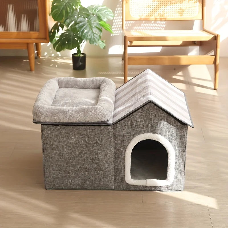 2-in-1 Cat House with Removable Top Bed