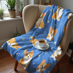Blue Corgi Dog Fleece Throw Blanket for Sofa, Bed & Travel