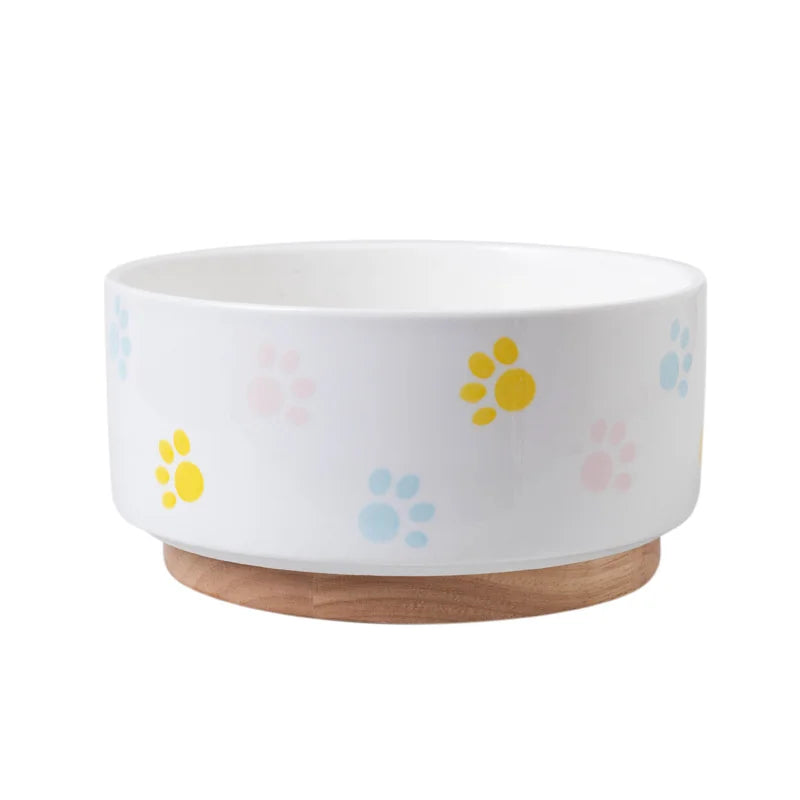 Ceramic Dog & Cat Bowl with Wooden Mat | Wide Mouth | 18 Styles