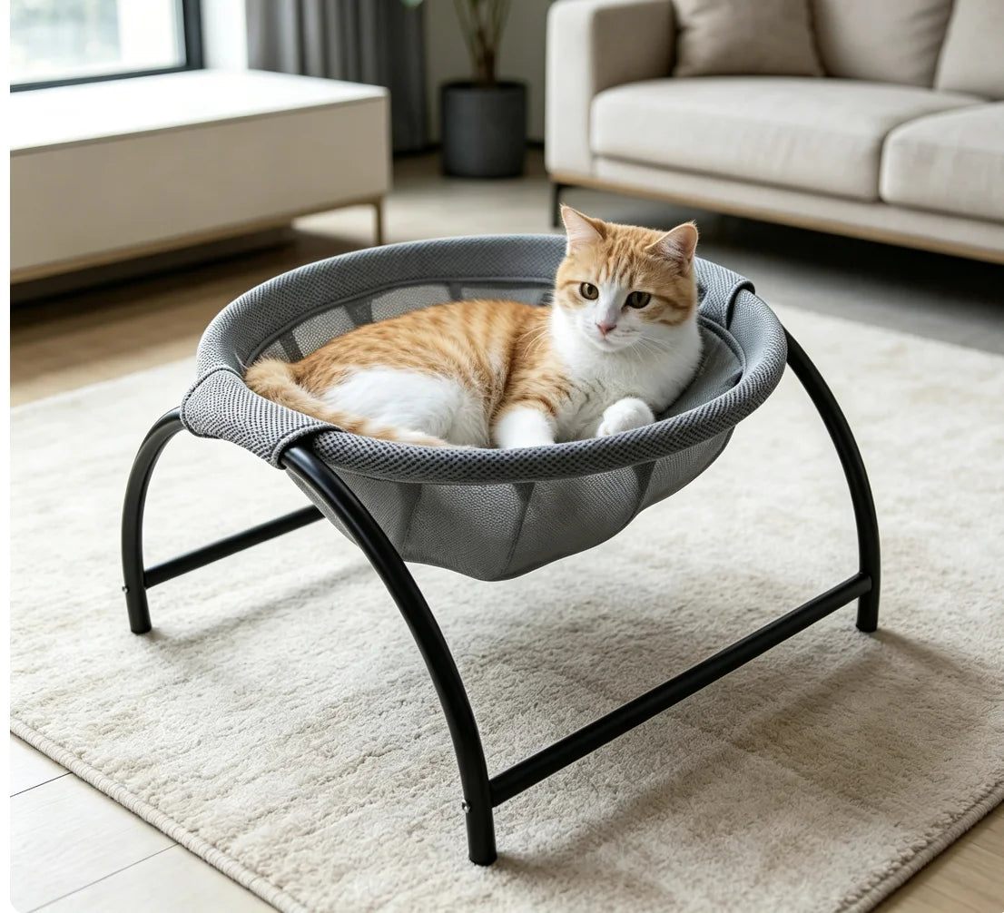 Elevated Hanging Cat Basket | Breathable Mesh | Detachable & Washable | Gray
