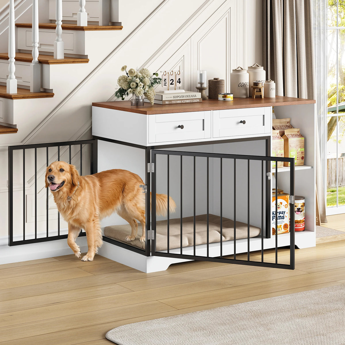 Wooden Dog Crate Furniture Cabinet – 120cm XXL Indoor Kennel with Drawers & Compartments