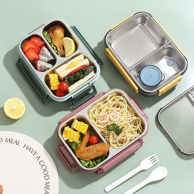 850ml Insulated Stainless Steel Lunch Box – 2 or 3 Grid Bento Box for Kids & Adults, Red, Blue or Green
