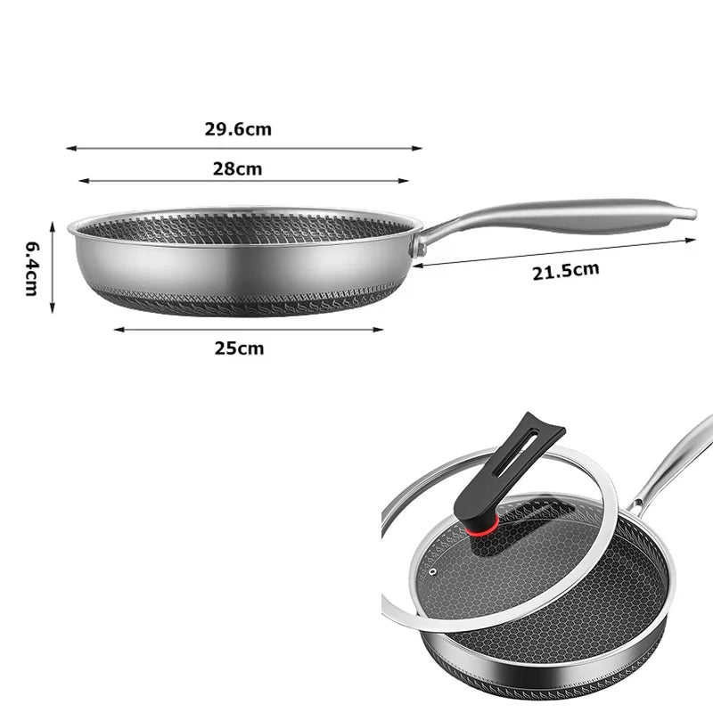 Stainless Steel Honeycomb Non-Stick Frying Pan with Glass Lid – All Cooktop Compatible