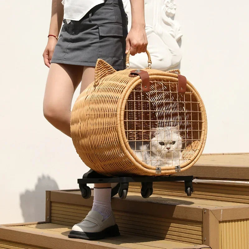 Handwoven Rattan Pet Trolley Carrier – Wheeled Tote Bag for Cats & Dogs, 2 Styles