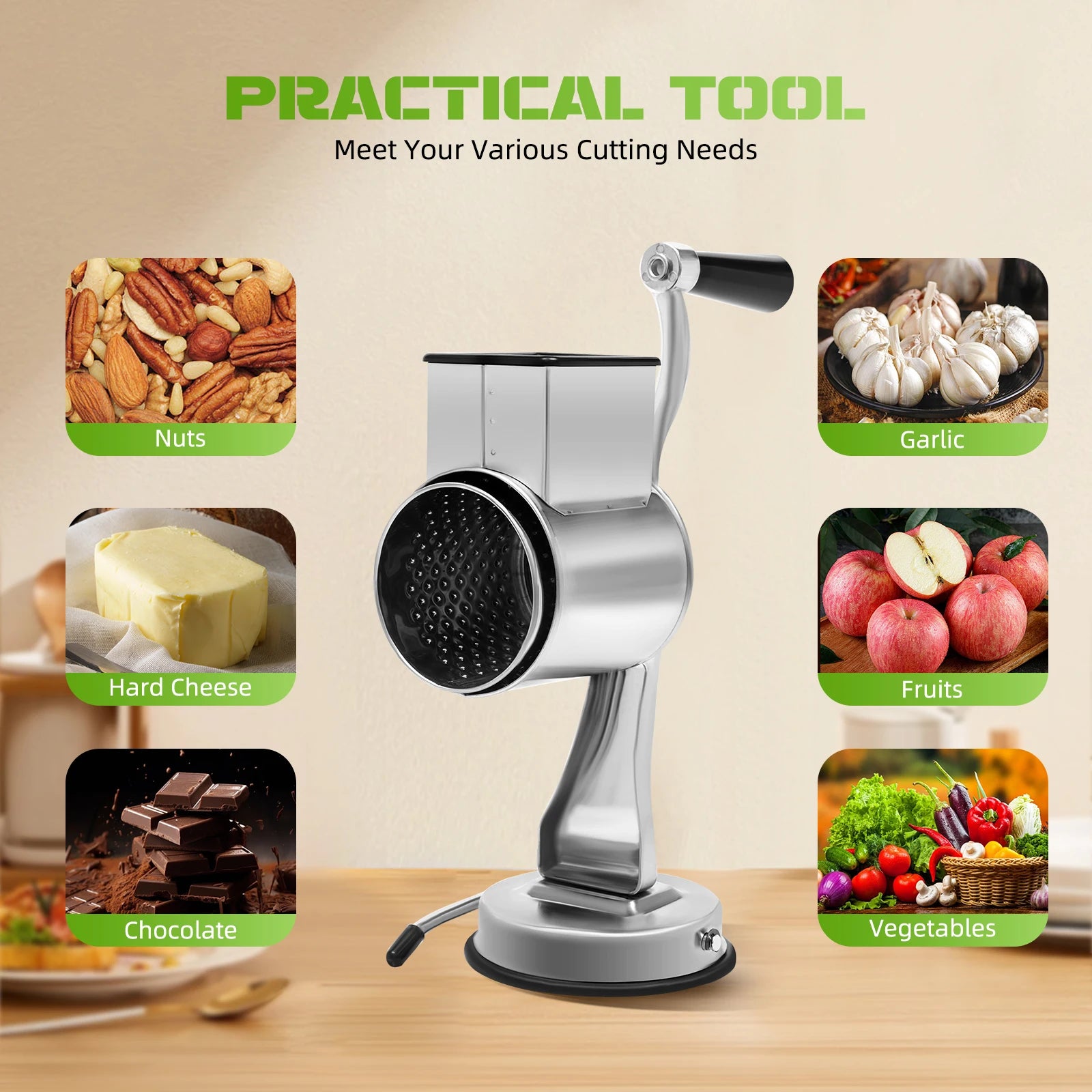 Rotary Grater with 5 Stainless Steel Blades – Manual Vegetable Slicer & Cheese Grater