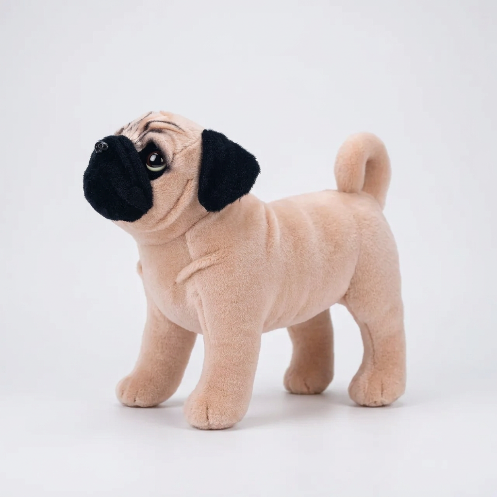 Lifelike Pug Plush Stuffed Toy | Fawn & Black Mask | Standing Pose | Wrinkle Detail | Self-Supporting | 33cm