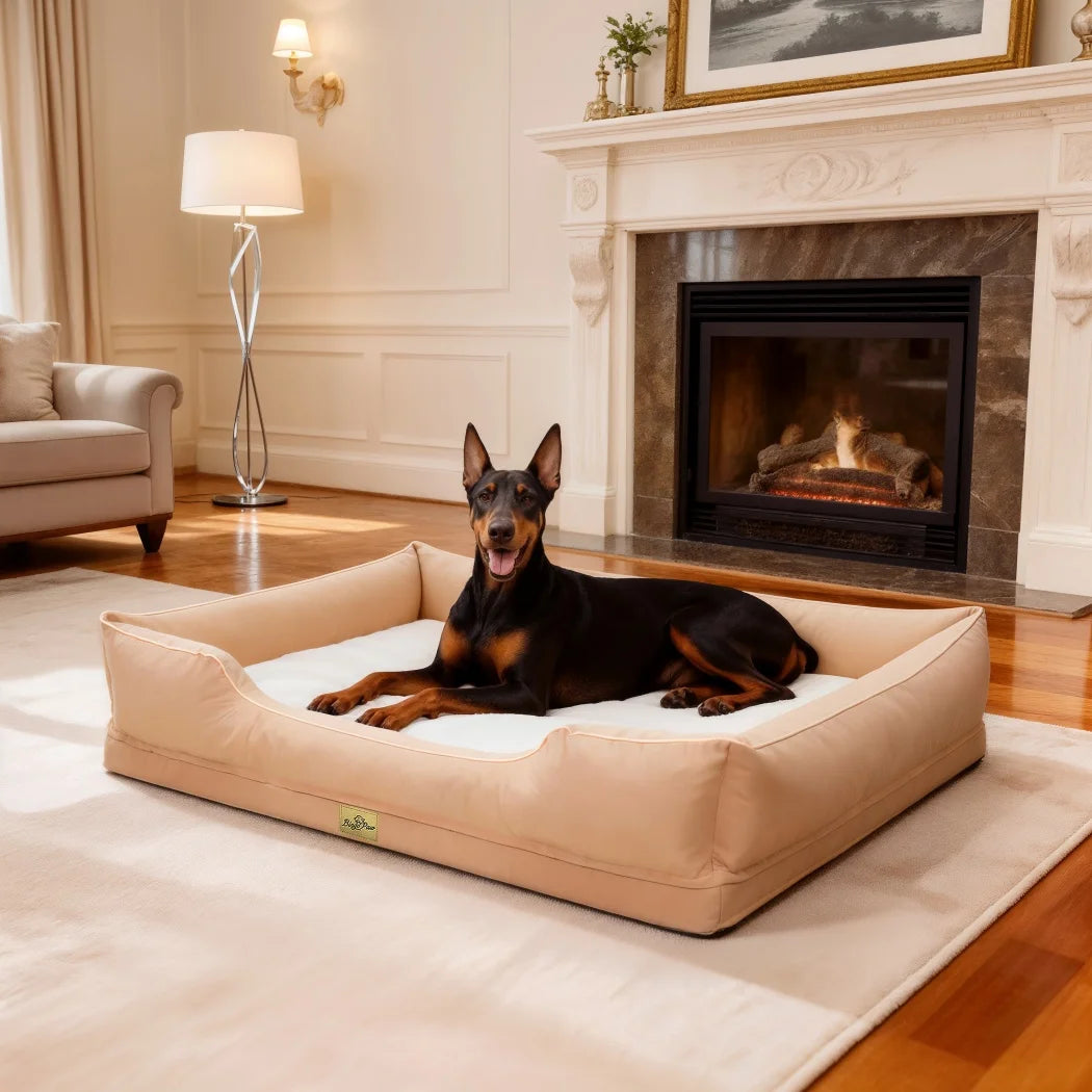 Oxford & Faux Rabbit Fur Bolster Dog Bed | Sponge Foam | Removable Cover | Non-Slip | 5 Sizes