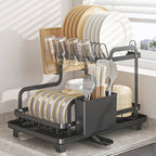 2-Tier Over-the-Sink Dish Drying Rack – Carbon Steel with Auto-Drain Board & Utensil Holder