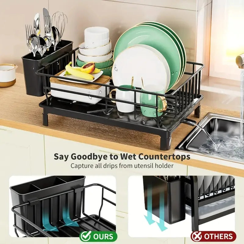 Rustproof Dish Drying Rack with Drain Board – Iron Countertop Dish Drainer