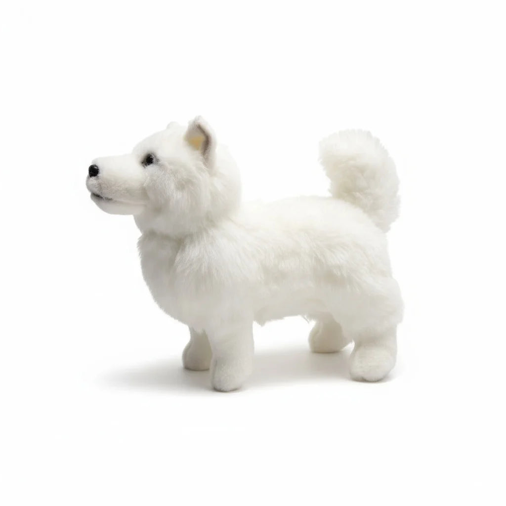 Lifelike Samoyed Plush Figurine | Simulation Short-Pile Coat | 4-Legged Standing Pose | Curled Tail | 30×20cm Desk Companion