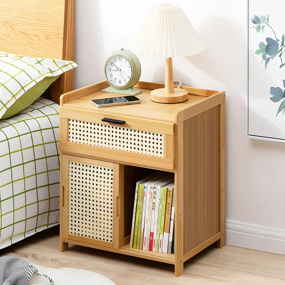 Compact Wooden Nightstand with Drawer & Sliding Door